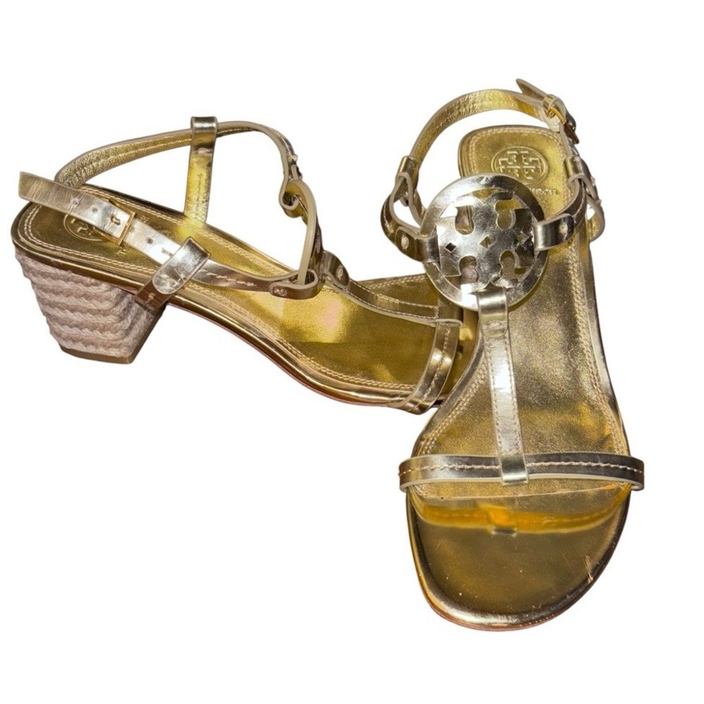 Tory Burch Miller Gold Metallic‎ Leather T-Strap Chunky Heel Sandals 8.5